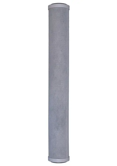 Graue Filterkerze mit zylindrischer Form und weißen Endkappen. Produkt von Judo zur Filtration, geeignet für verschiedene Anwendungen.